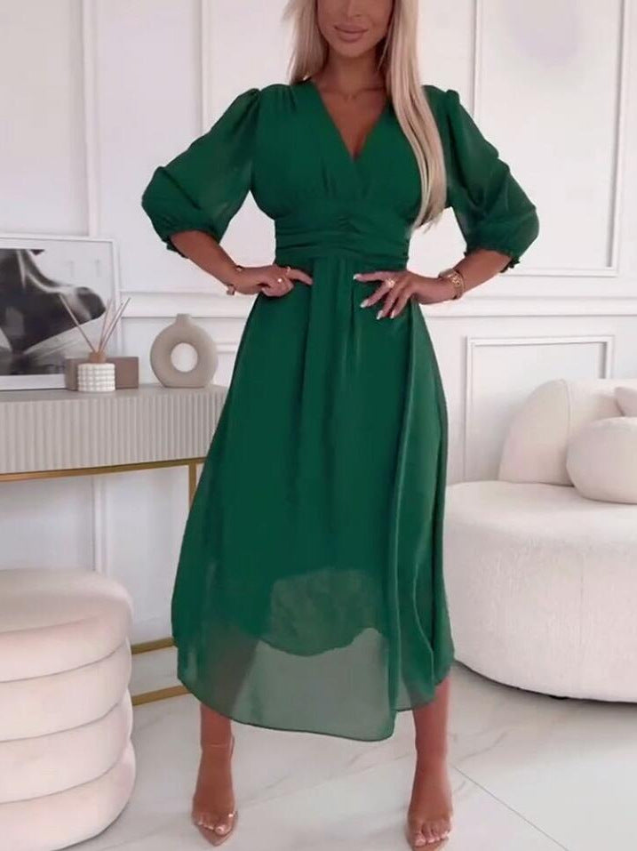 Damen Midikleid mit raffiniertem V-Ausschnitt und Puffärmeln EB