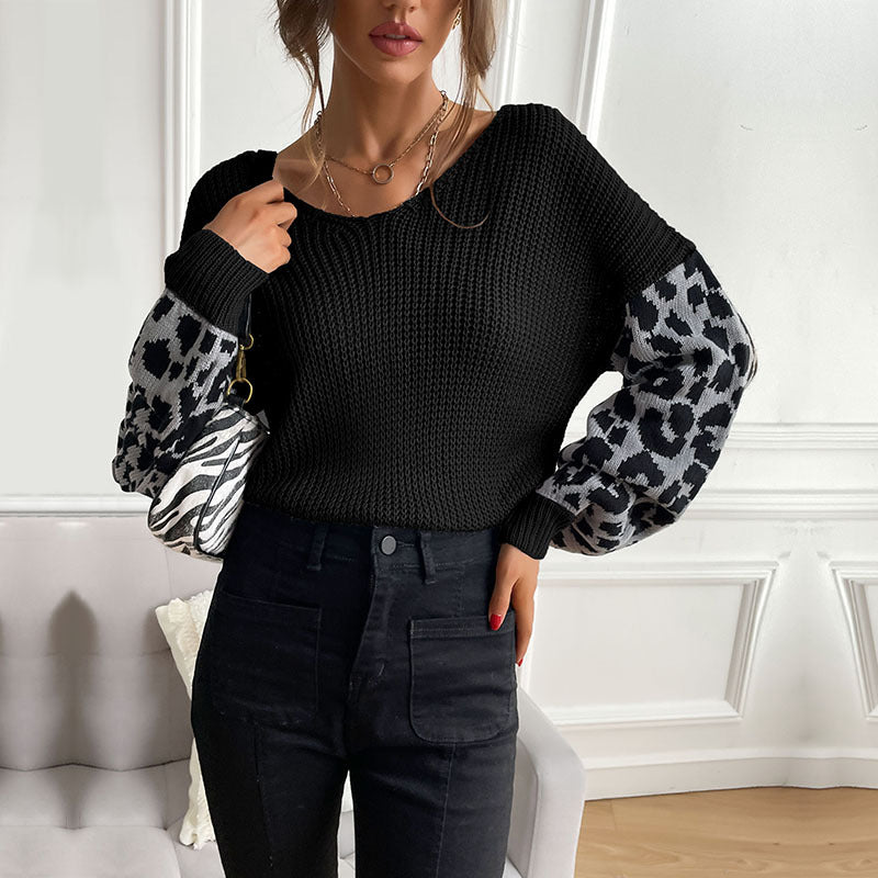 Damen Strickpullover mit modischem Leopardenmuster an den Ärmeln EB