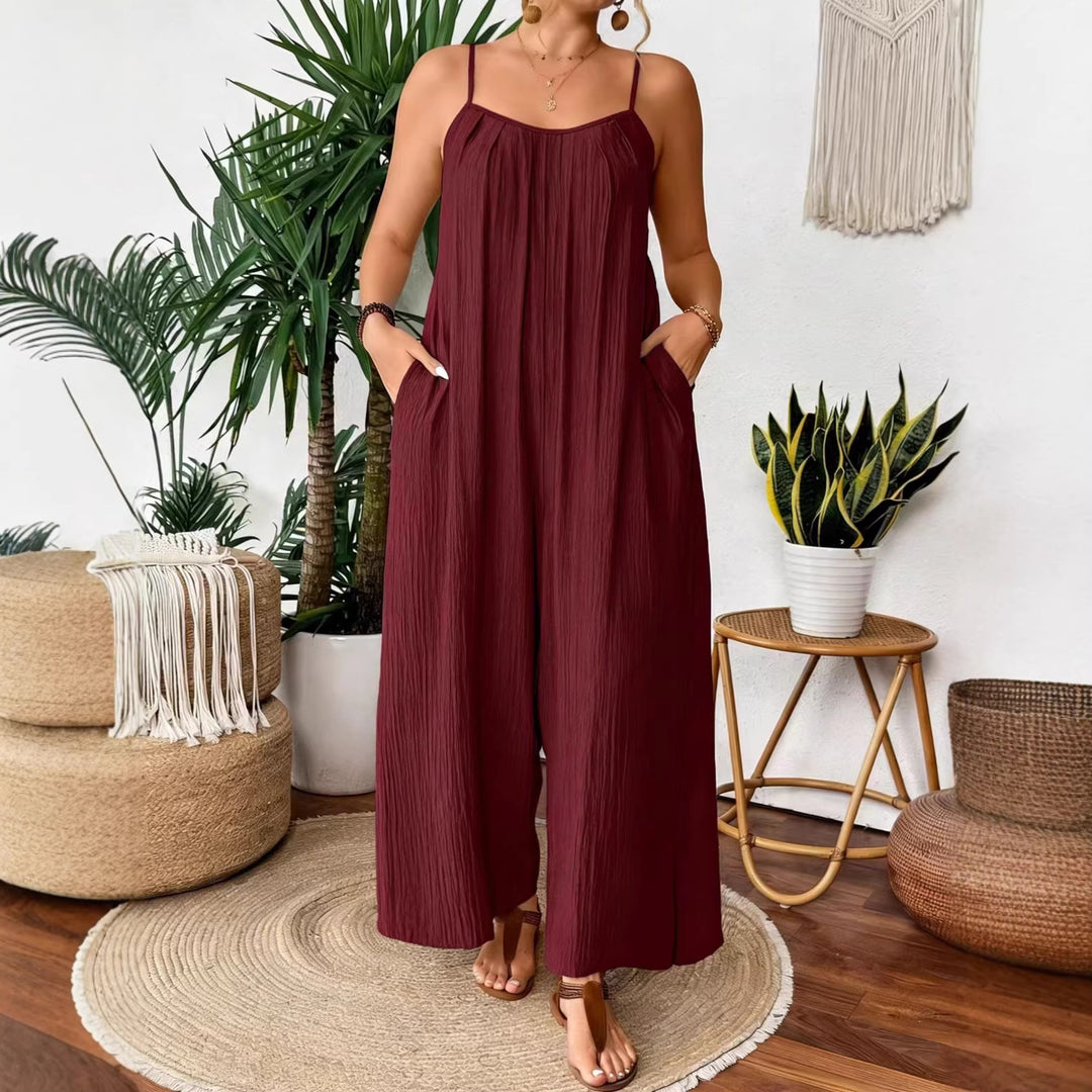 Damen luftiger Jumpsuit mit schmalen Spaghettiträgern und seitlichen Taschen EB