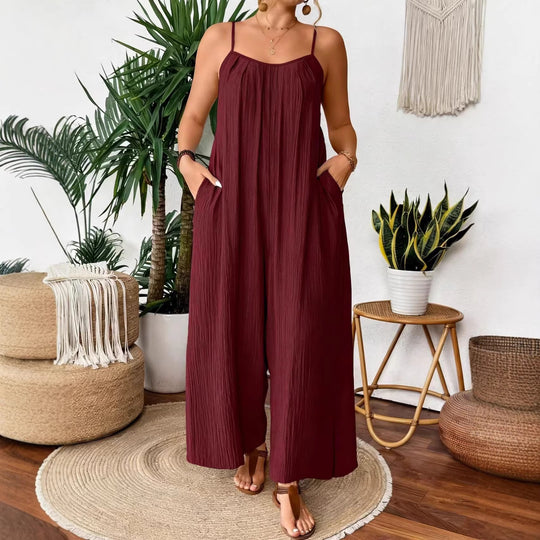 Damen luftiger Jumpsuit mit schmalen Spaghettiträgern und seitlichen Taschen EB