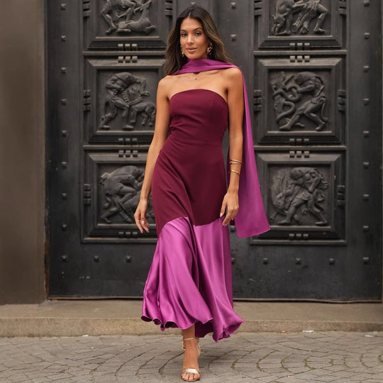 Damen Abendkleid mit asymmetrischem Schnitt und elegantem Überwurf EB