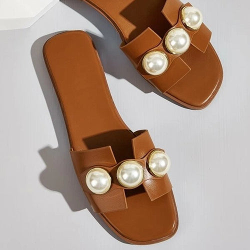 Damen nan flache Pantolette mit großen Zierperlen und goldumrandeten Applikationen gepolstertes Komfortfußbett EB