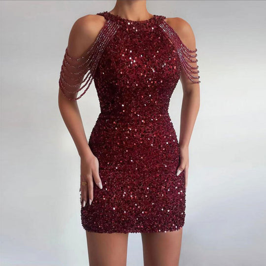 Damen Mini-Kleid mit glänzender Paillettenverzierung und eleganten Kettenärmel EB