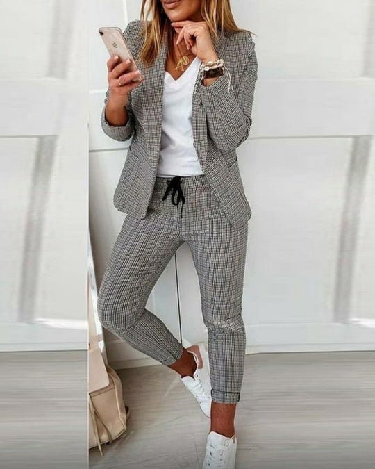 Damen nan lässig-elegantes Karozweiteiler Blazer mit Tunnelzug-Slimhose EB