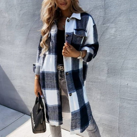 Damen lässige Karo-Hemdjacke mit asymmetrischem Schnitt und Taschen EB