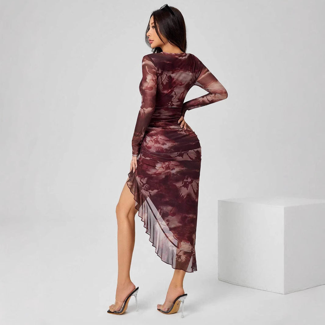 Damen Tailliertes Maxikleid mit asymmetrischem Saum und langen Ärmeln EB