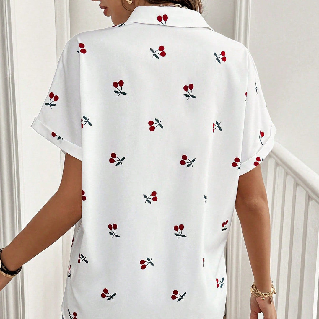 Damen Kurzarm Bluse mit Kirschmotiv und Tasche EB