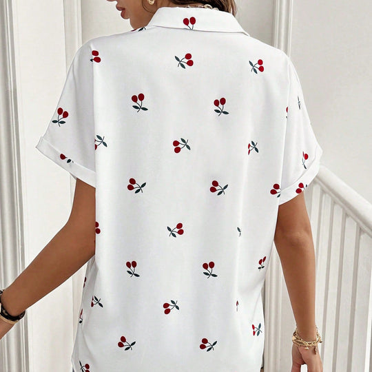 Damen Kurzarm Bluse mit Kirschmotiv und Tasche EB