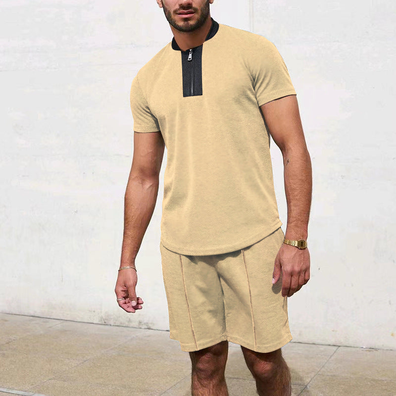 Herren Sportliches Kurzarm-T-Shirt mit Reißverschluss und Joggingshorts EB