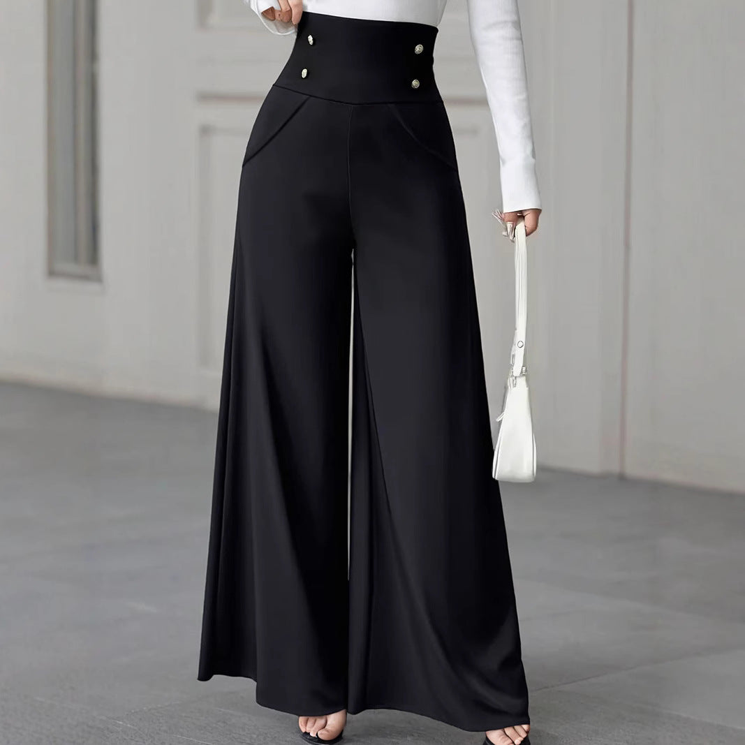 Damen Weite High-Waist Hose mit dekorativen Knöpfen EB