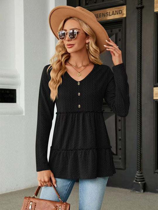 Damen Langarm Tunika mit Knopfdetail und Volant EB