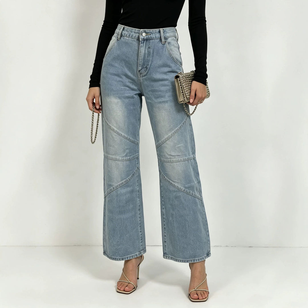 Damen nan weite Jeanshose mit hohen Bund, geschwungenen Ziernähten und weitem Bein EB