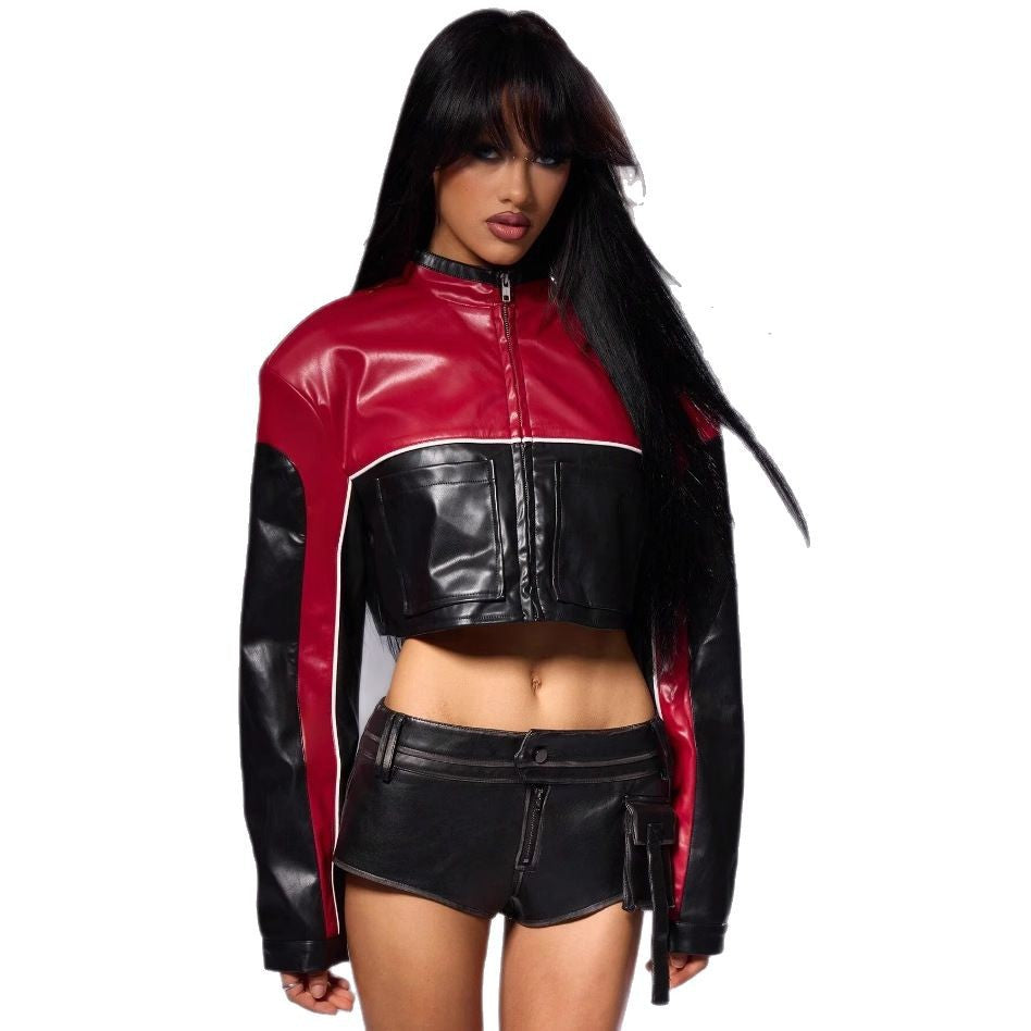 Damen cropped Bikerjacke mit kontrastierenden Ärmeln EB