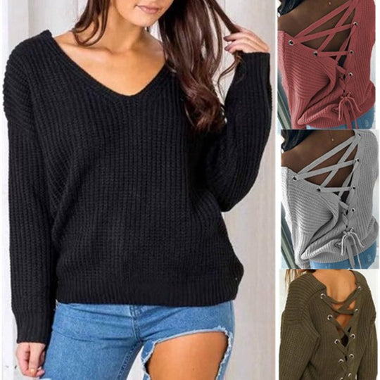 Damen Strickpullover mit kreativem Rückendesign und einzigartigen Schnürdetails EB