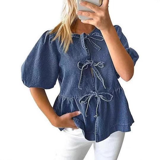 Damen Modische Jeansbluse mit dekorativen Schleifendetails und voluminösen Ärmeln EB