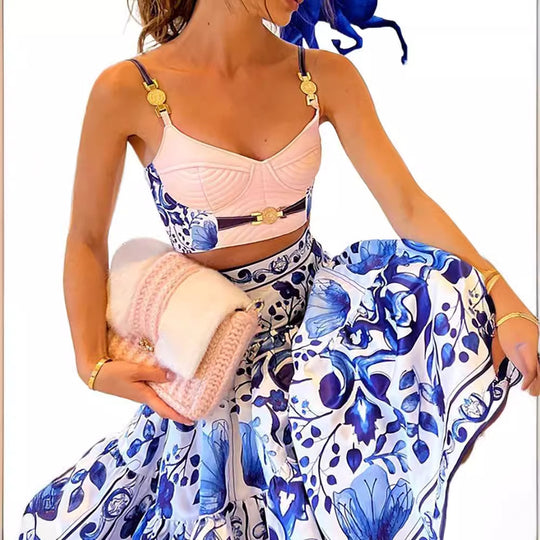 Damen Zweiteiliges Kleidungsset mit floralem Design und modischem Bustier EB