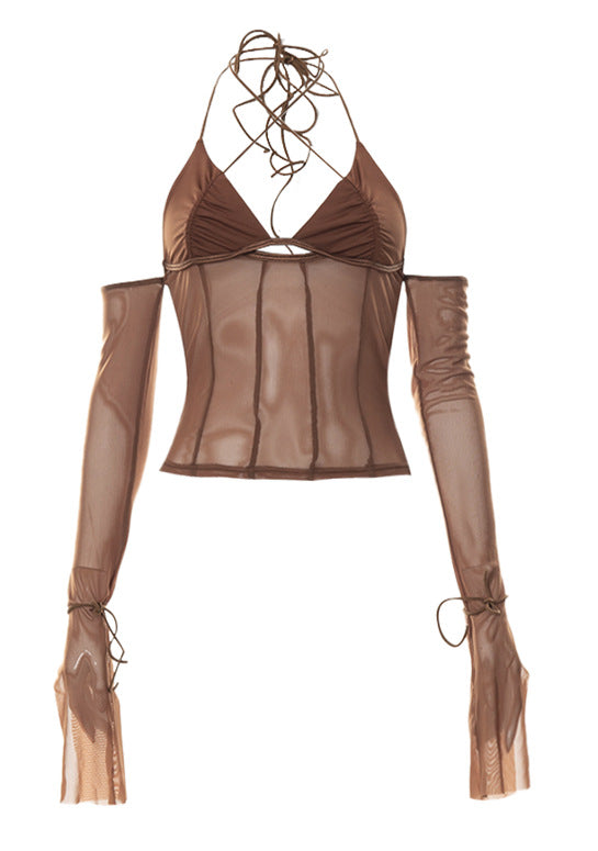 Damen Crop-Top mit transparentem Design und raffinierten Rüschenärmeln EB