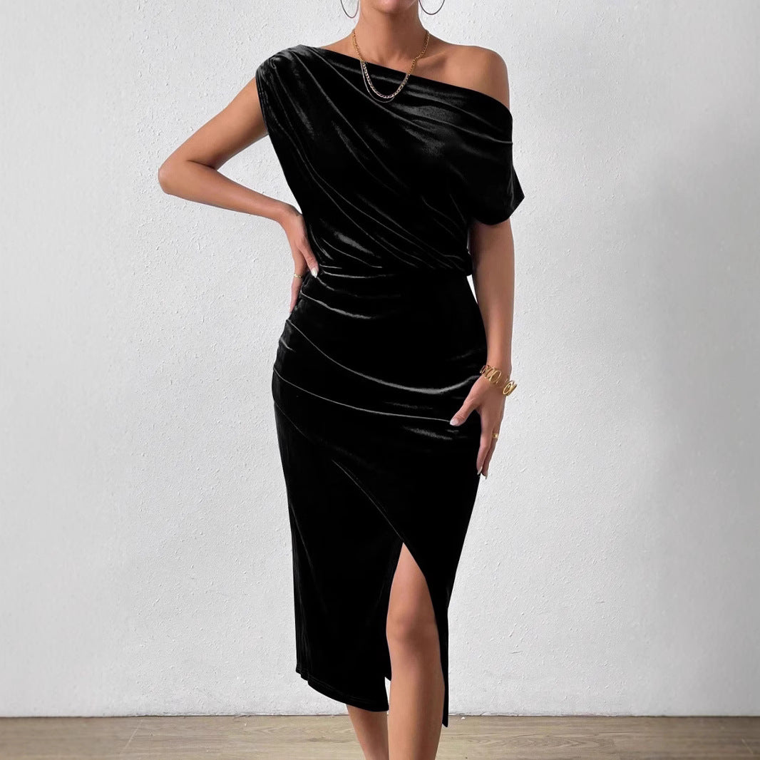 Damen Elegantes Schulterfreies Midikleid im Fließenden Design EB
