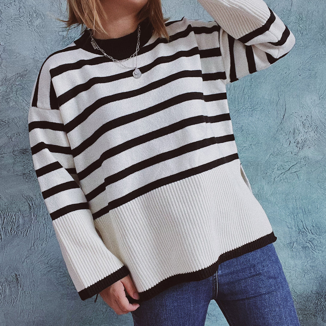 Damen lässiger Strickpullover mit modernem Streifenmuster und feiner Rippstruktur EB