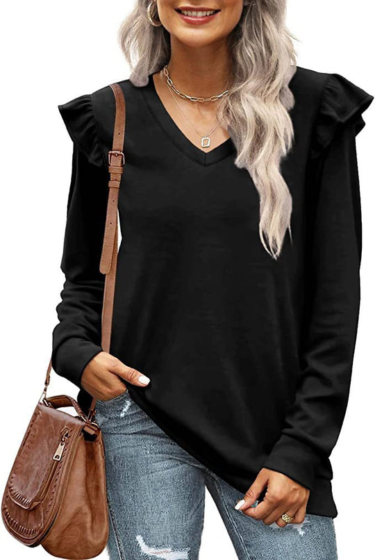 Damen V-Ausschnitt Langarmshirt mit Rüschendetails und lockerem Schnitt EB