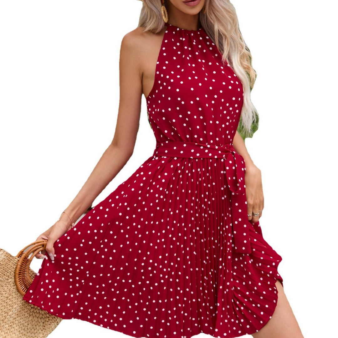 Damen Plissiertes Sommerkleid mit Bindegürtel und Polka-Dots EB