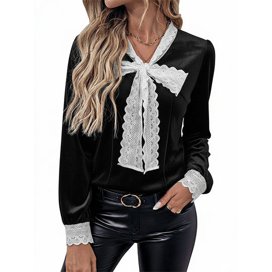 Damen Samtbluse mit Spitzen-Schleifenkragen und Spitzenmanschetten EB