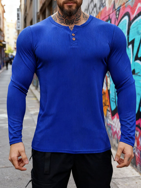 Herren nan geripptes Langarm-Henleyshirt mit flacher Knopfleiste und körperbetonter Stretch-Passform EB