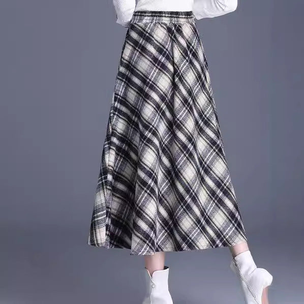 Damen nan taillierter A-Linien-Midirock mit Karo-Muster, Eingriffstaschen und Wollmix EB