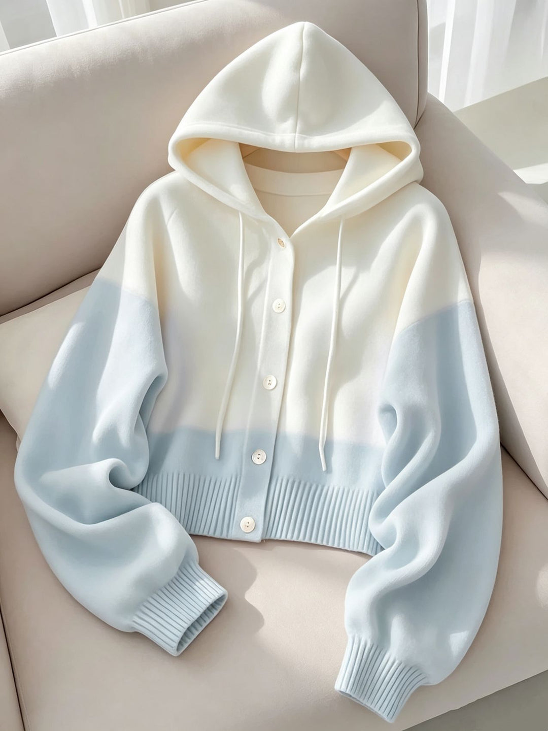 Damen Kapuzen-Strickcardigan mit Knopfleiste, geripptem Bund und Oversize-Ärmeln EB