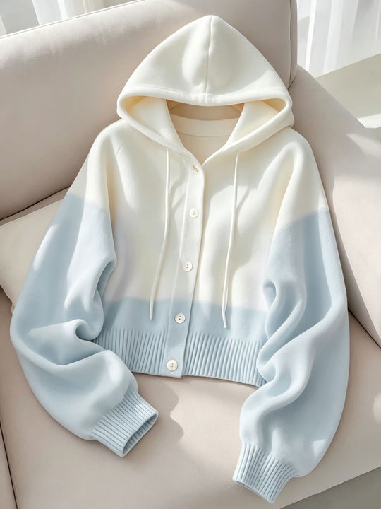 Damen Kapuzen-Strickcardigan mit Knopfleiste, geripptem Bund und Oversize-Ärmeln EB