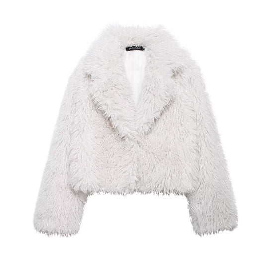 Damen nan kurze kuschelige Kunstfell-Cropped-Jacke mit großzügigem Schalkragen und offener Front EB