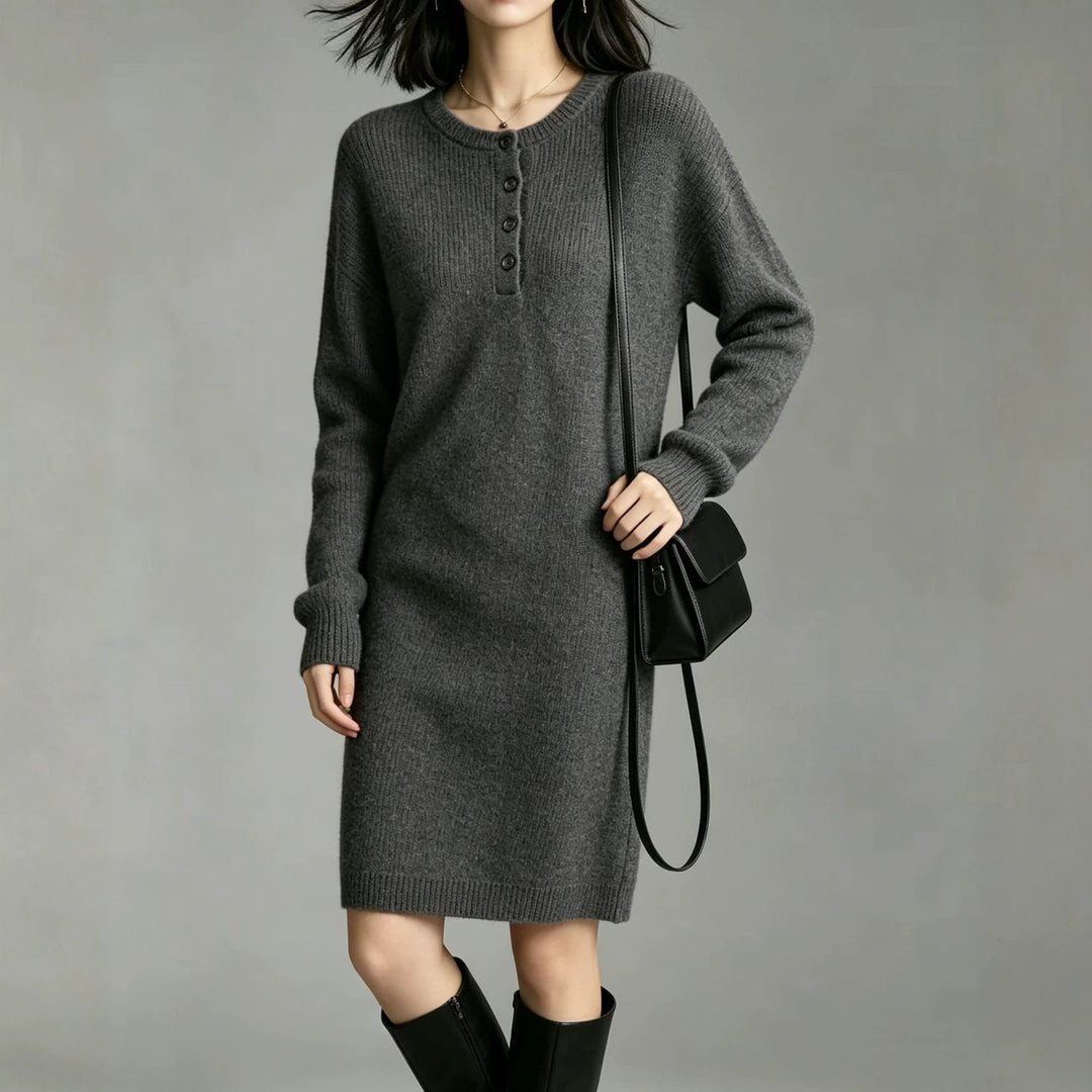 Damen Midilanges Strickkleid mit Henley-Leiste und gerippten Bündchen EB