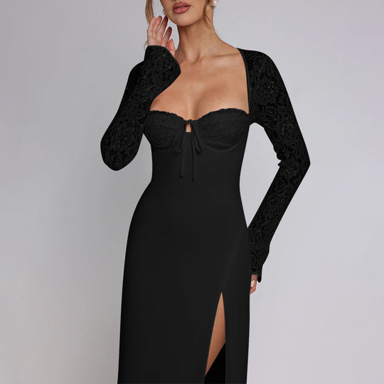 Damen Elegantes Maxikleid mit Spitzenärmel und seitlichem Schlitz EB