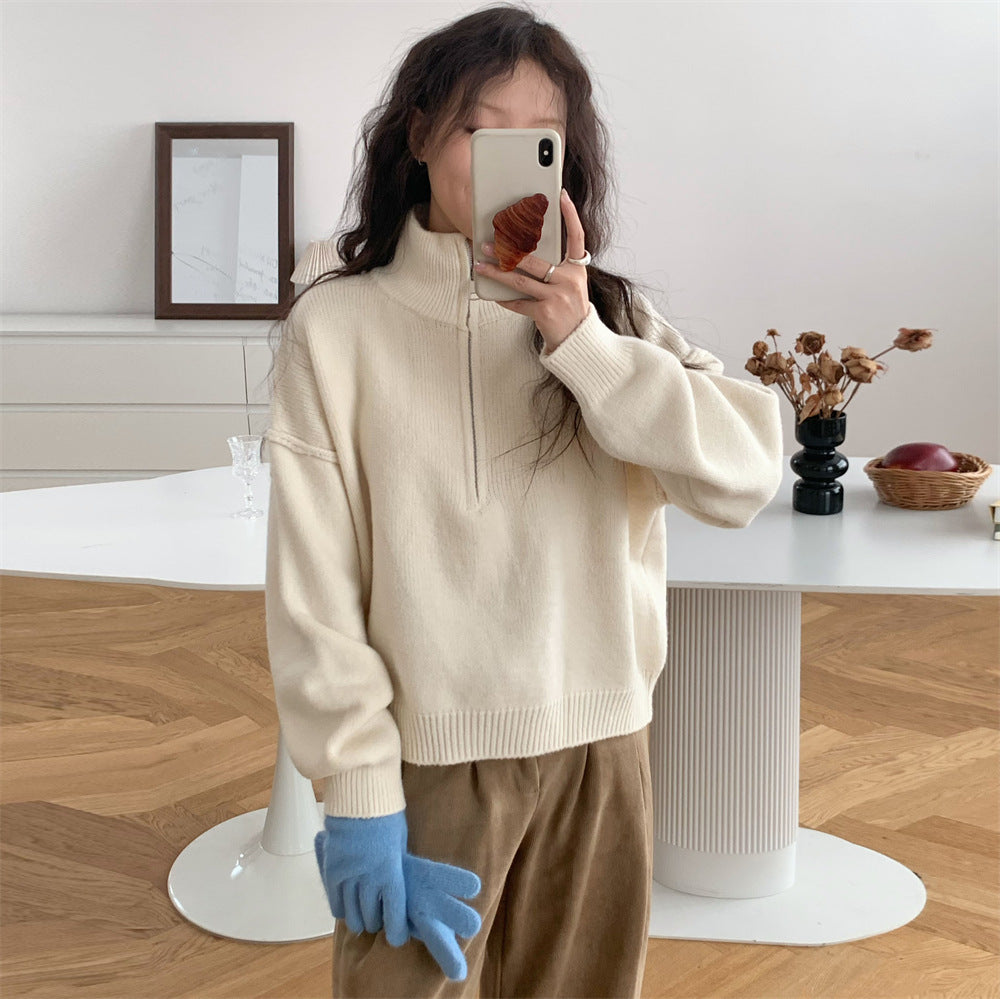 Damen Kurzpullover mit Stehkragen und Reißverschluss EB