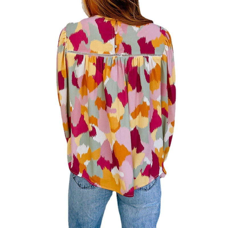 Damen Bluse mit künstlerischem Druck und gerafften Manschetten EB
