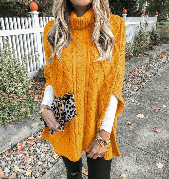 Damen Strickponcho mit hohem Kragen und dekorativem Zopfmuster EB