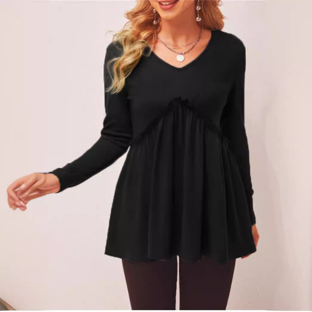 Damen V-Ausschnitt Langarmshirt mit Rüschendetail EB