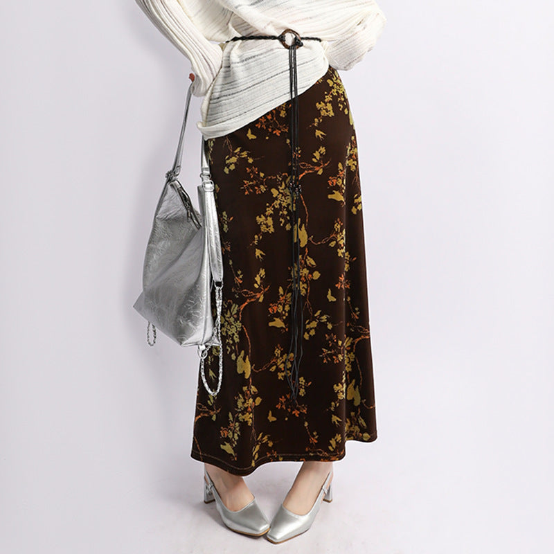 Damen  A-Linien Maxi-Rock aus Samt mit floraler Burnout-Optik und elastischem Komfortbund EB