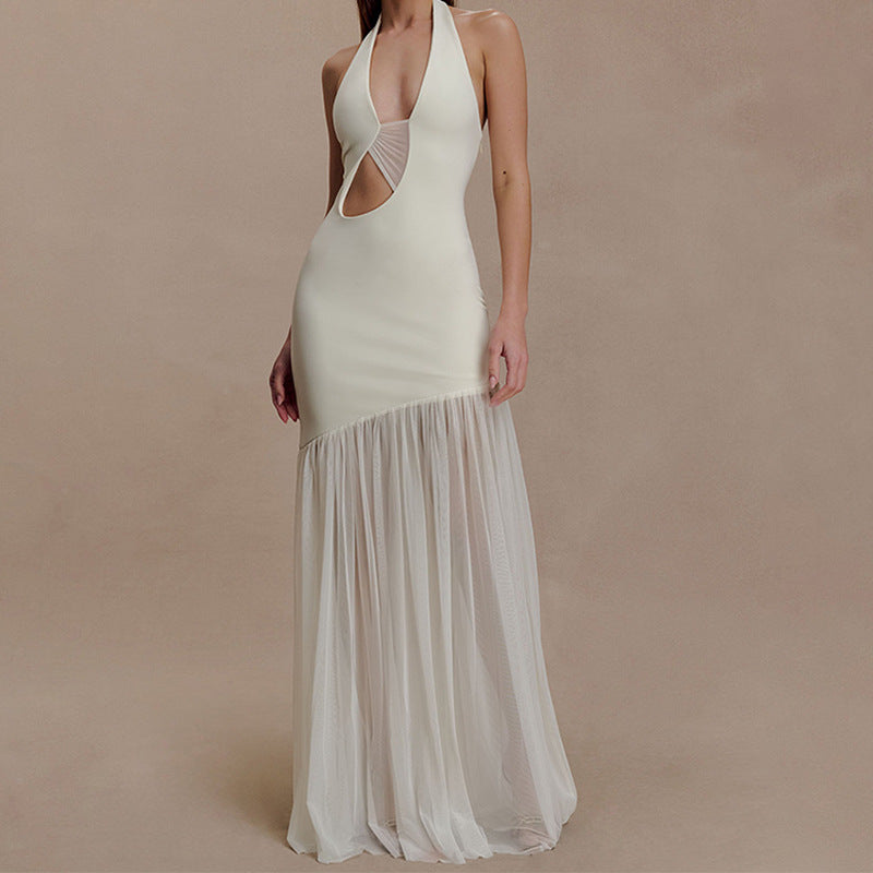 Damen Elegantes Maxikleid mit asymmetrischem Schnitt und tiefem V-Ausschnitt EB