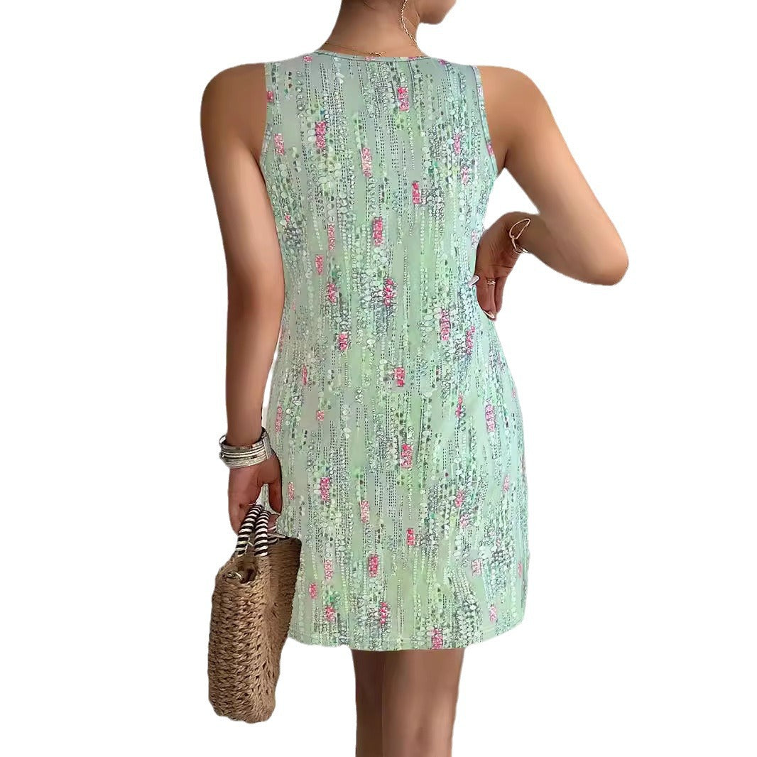 Damen ärmelloses Sommerkleid mit modischem V-Ausschnitt und Knopfdetails EB