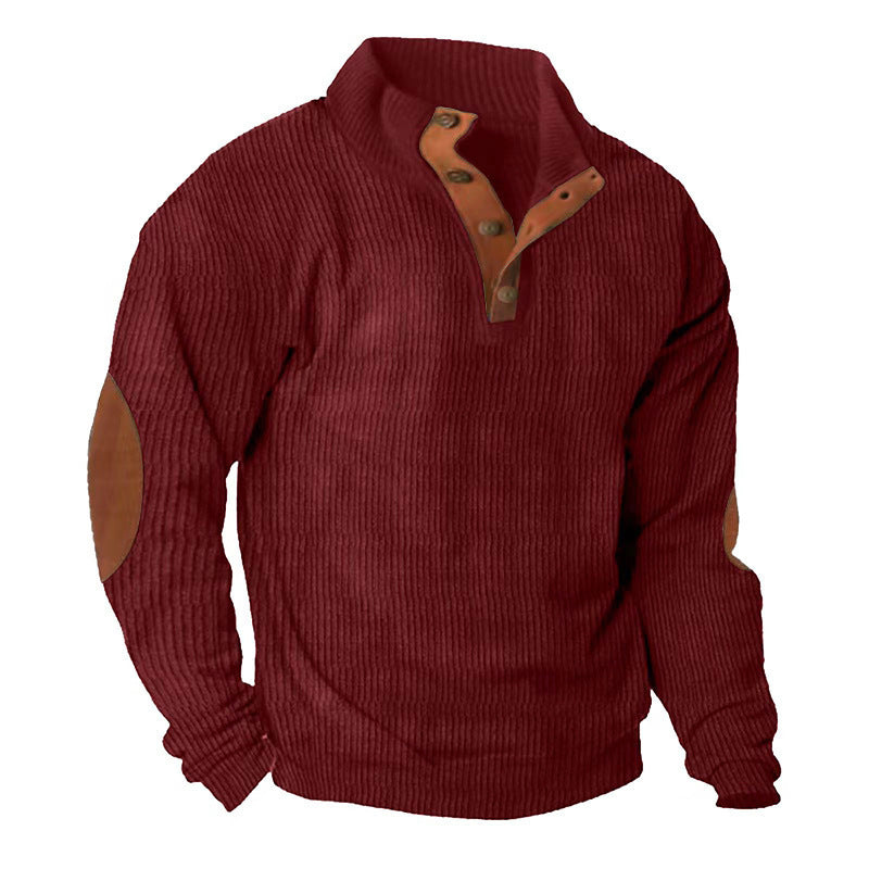 Herren nan grober Rippstrick-Pullover mit Stehkragen, Knopfleiste und markanten Ellenbogenpatches EB