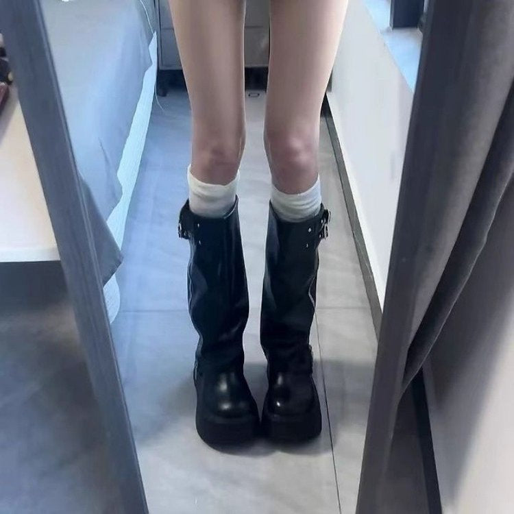 Damen Overknee Stiefel mit verstellbaren Riemen und modischem Reißverschluss EB