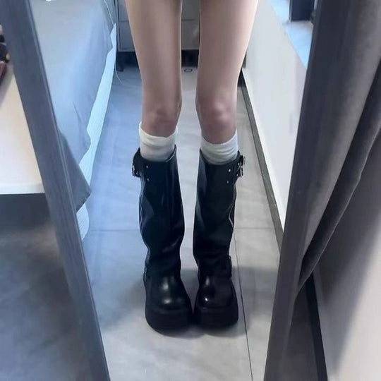 Damen Overknee Stiefel mit verstellbaren Riemen und modischem Reißverschluss EB