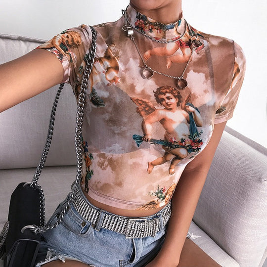Damen Hochgeschlossenes Crop-Top mit romantischem Engelmotiven EB