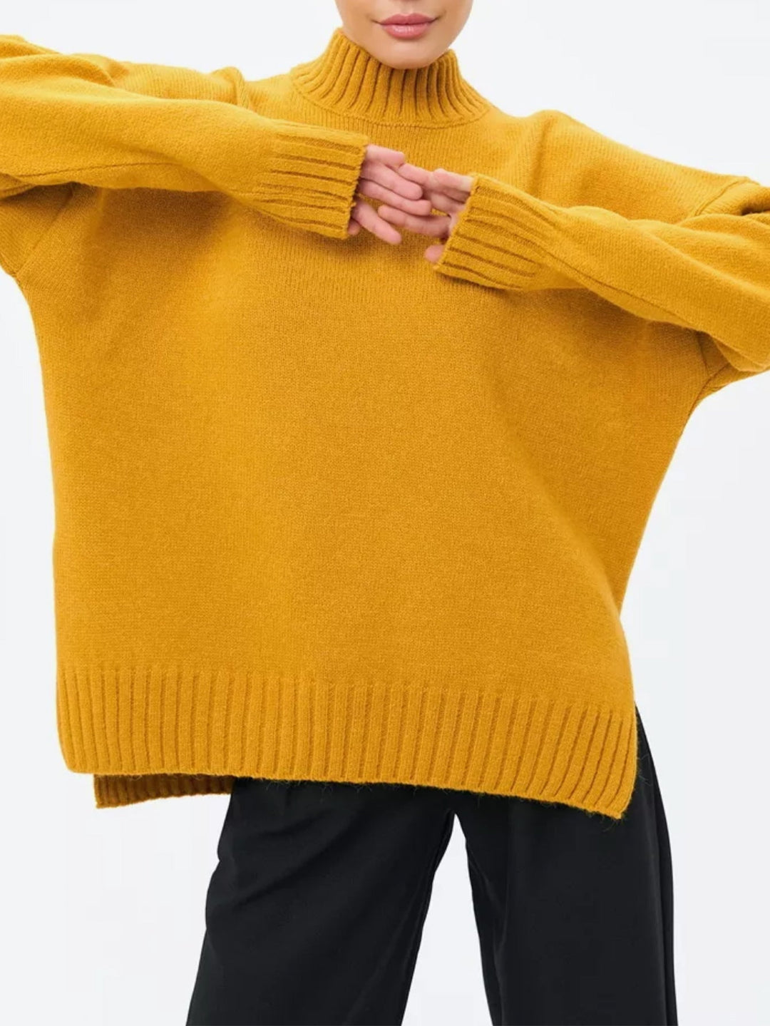 EB | Pullover Pullover Übergröße Schnitt Gerippter Strick Semi Hoher Hals Fallende Schultern