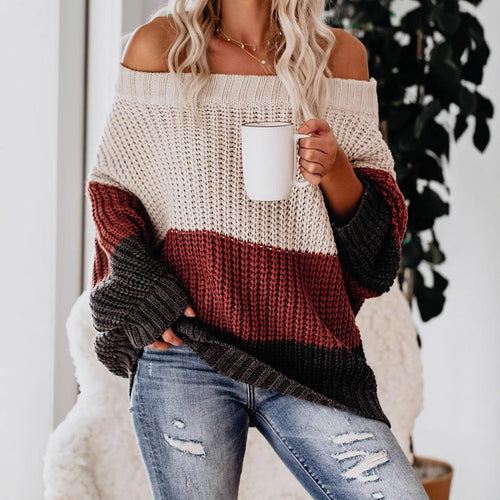 Damen lässiger Grobstrickpullover mit Off-Shoulder Design und dekorativer Farbkombination EB
