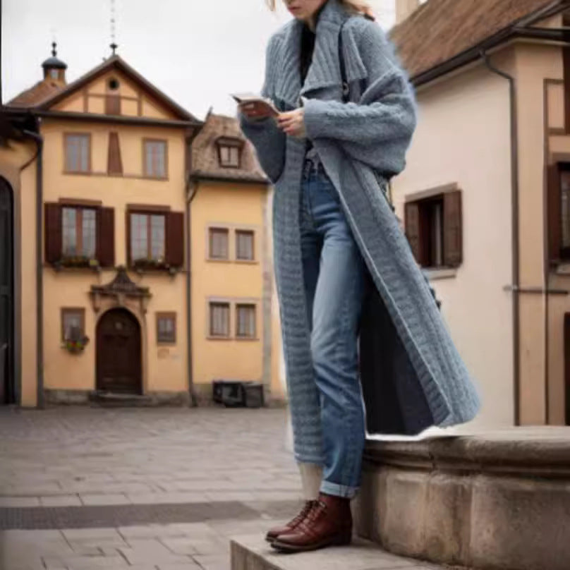 Damen Oversized Strickmantel mit voluminösen Ärmeln und elegantem Revers EB