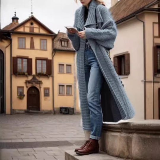 Damen Oversized Strickmantel mit voluminösen Ärmeln und elegantem Revers EB