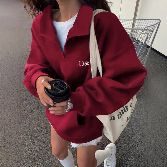 Damen Oversized Sweatshirt mit halbem Reißverschluss, hohem Stehkragen und Kängurutasche EB