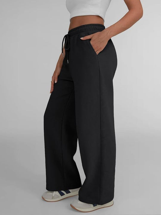 Damen nan weite Loungehose mit hohem Elastikbund, verstellbarem Kordelzug und fließender Palazzosilhouette EB